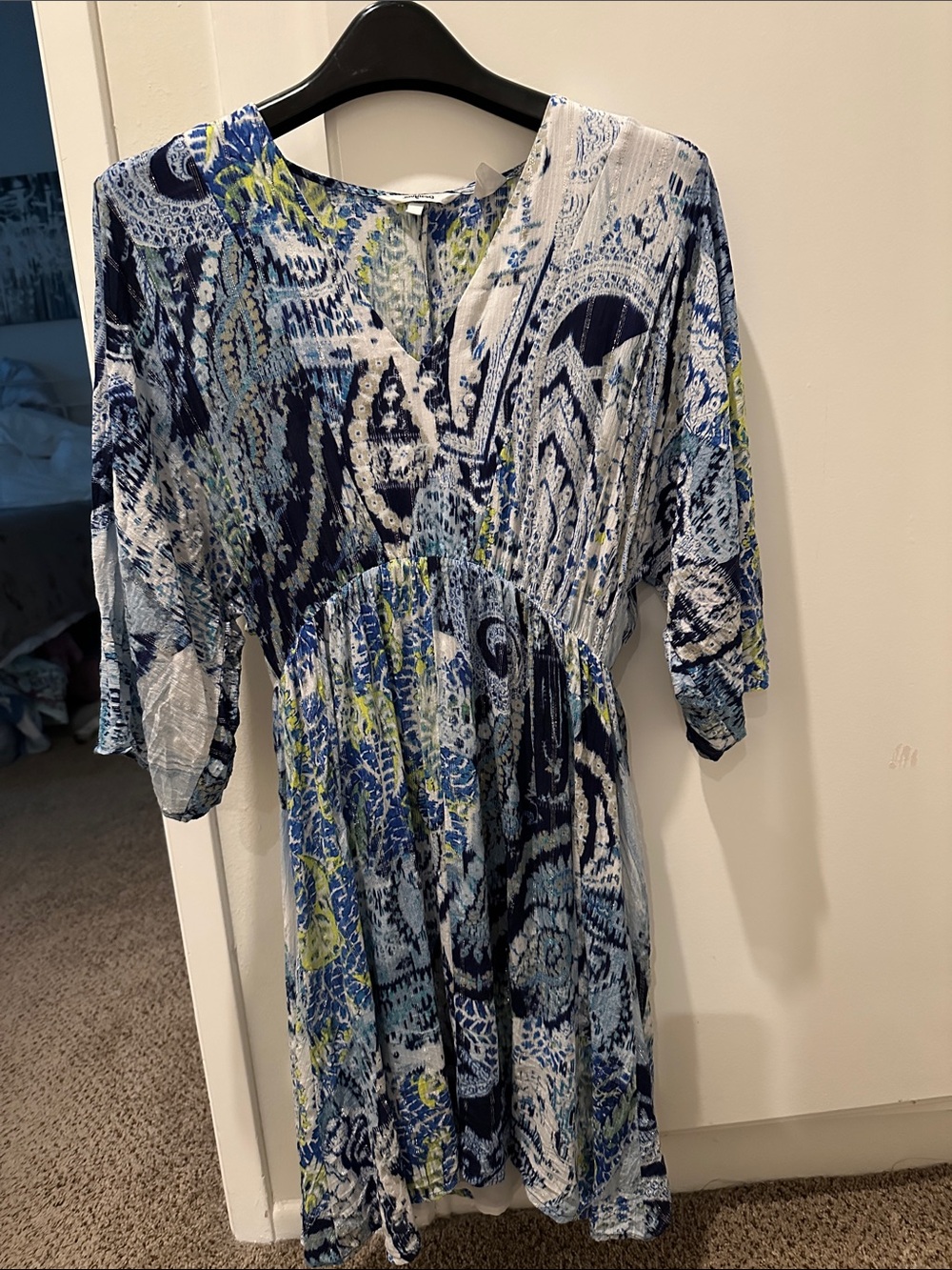 Desigual dolman top dress in blue & yellow w/ silver threading - size small